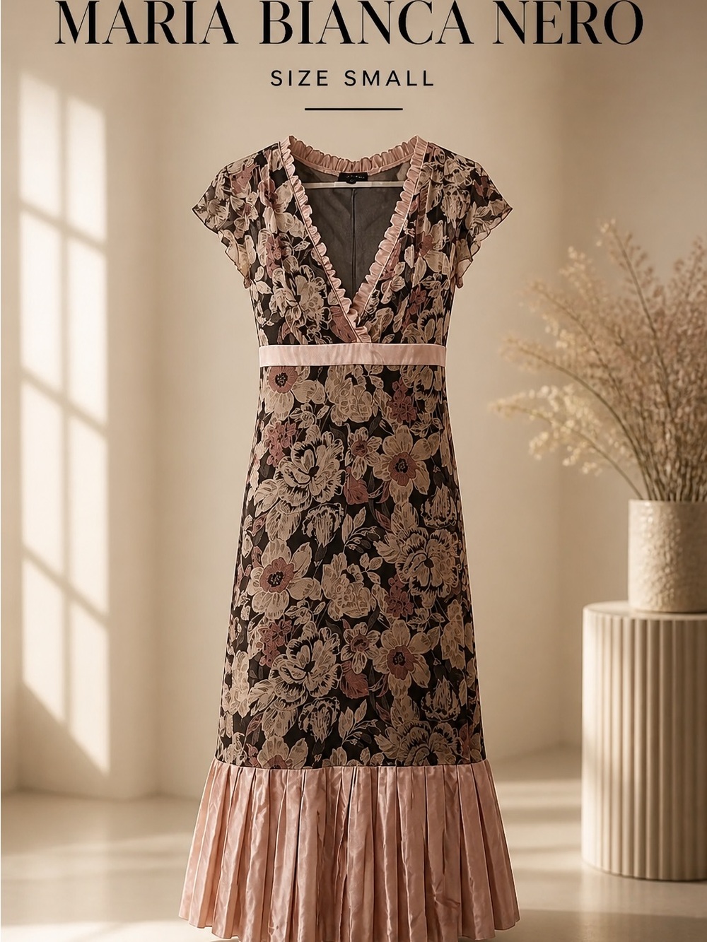 Maria Bianca Nero pink floral v neck line pleated hem sz Small
